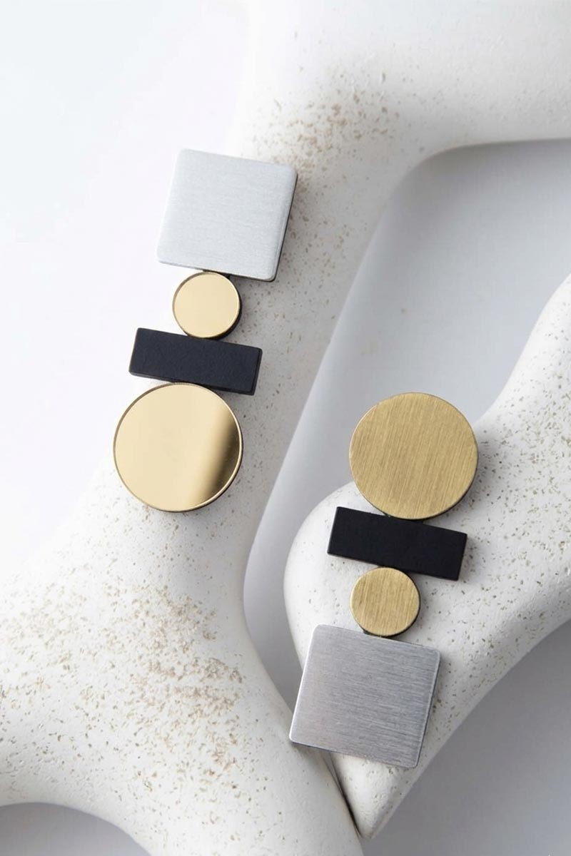 Bauhaus Earrings Large - Silver/Black/Gold - Clip-On