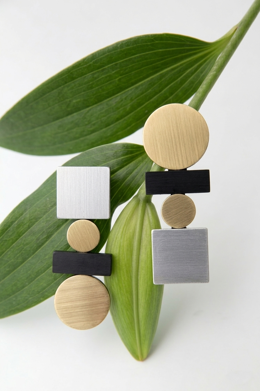 Bauhaus Earrings Large - Silver/Black/Gold - Clip-On