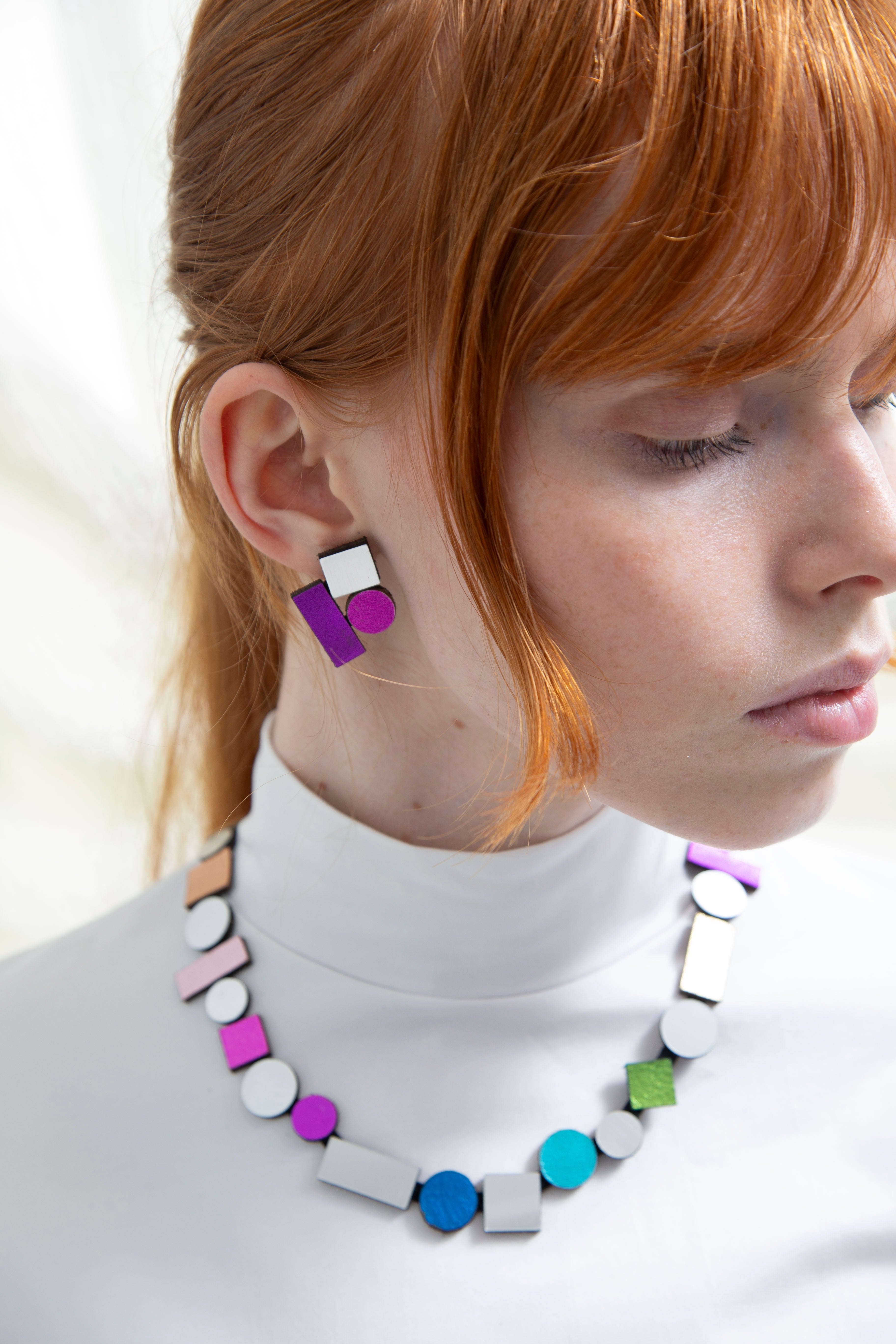 Bauhaus Earrings Small - Silver/Purple/Fuchsia