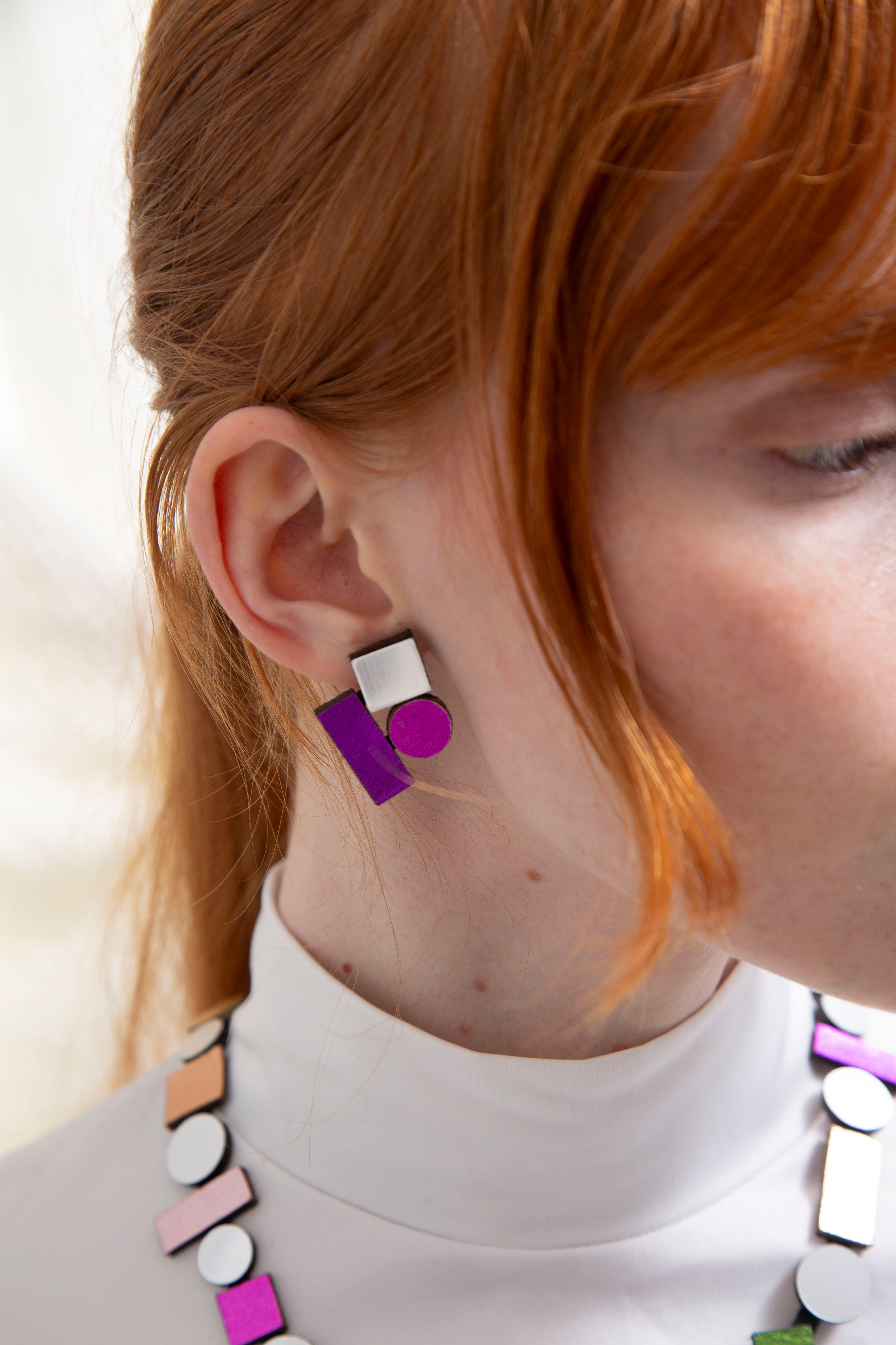 Bauhaus Earrings Small - Silver/Purple/Fuchsia