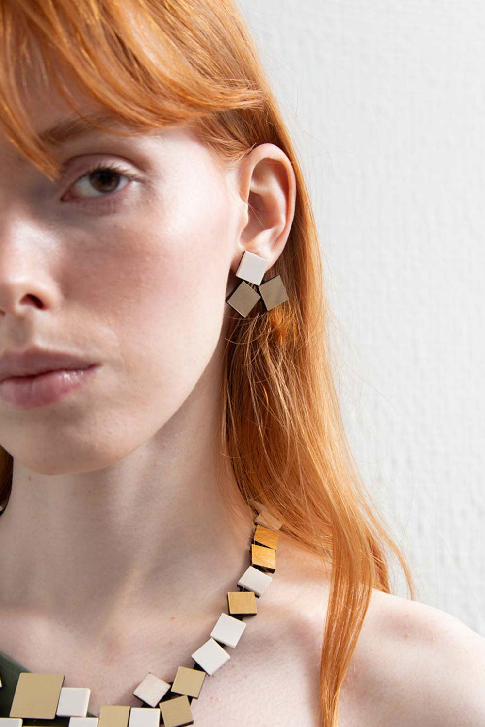 Bauhaus Earrings 3 Squares - Ivory/Gold