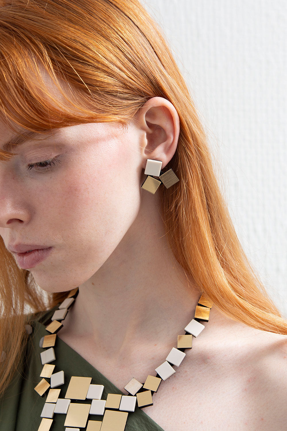 Bauhaus Earrings 3 Squares - Ivory/Gold
