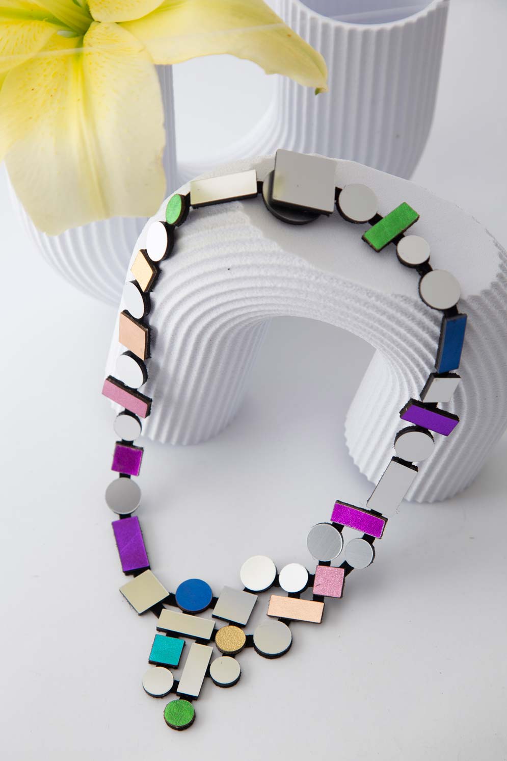 Bauhaus V Necklace Small  Rainbow - Silver/Rainbow