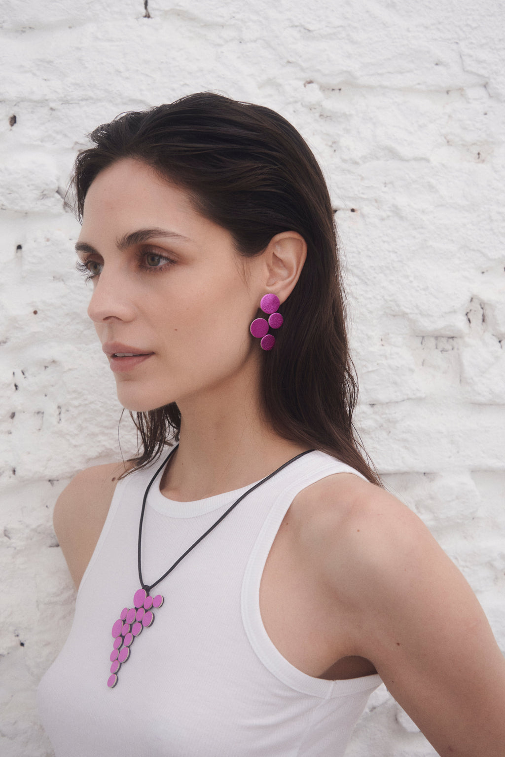 Abstraction Earrings Small - Metallic Fuchsia Leather