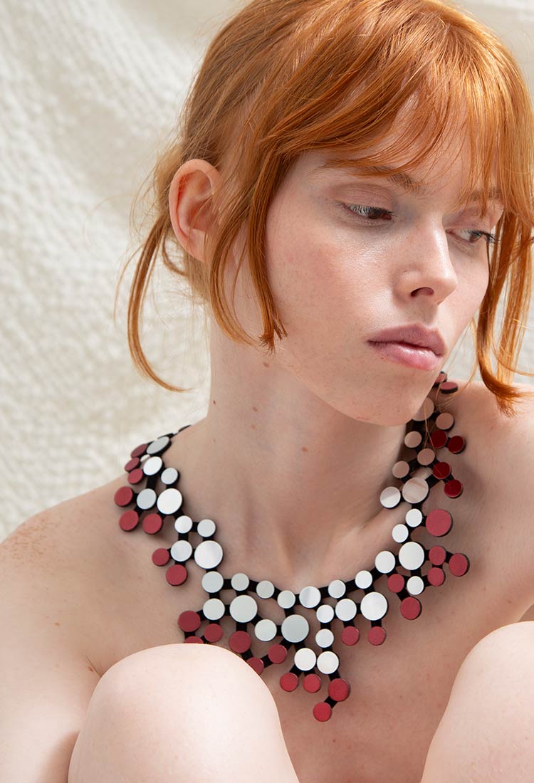 Abstraction Bib Necklace - Silver/Burgundy