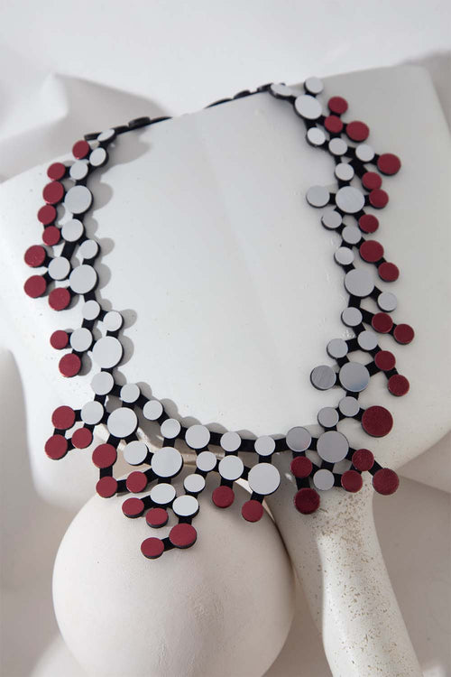 Abstraction Bib Necklace - Silver/Burgundy