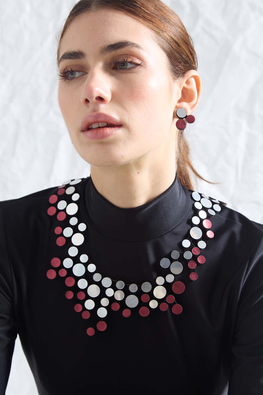 Abstraction Bib Necklace - Silver/Burgundy