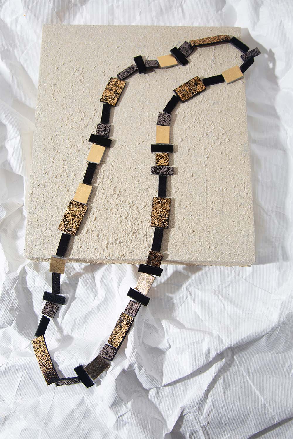Rainbow Necklace Long  Square Rectangle - Black/Gold/Pewter