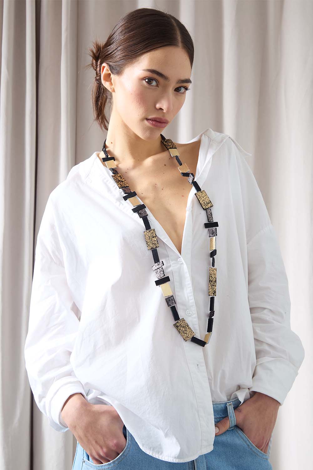 Rainbow Necklace Long  Square Rectangle - Black/Gold/Pewter